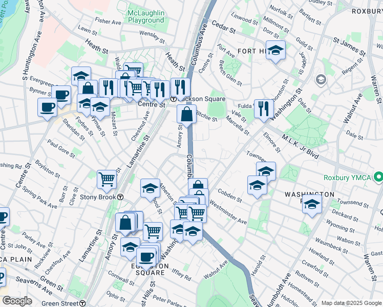 map of restaurants, bars, coffee shops, grocery stores, and more near 1841-1843 Columbus Avenue in Boston