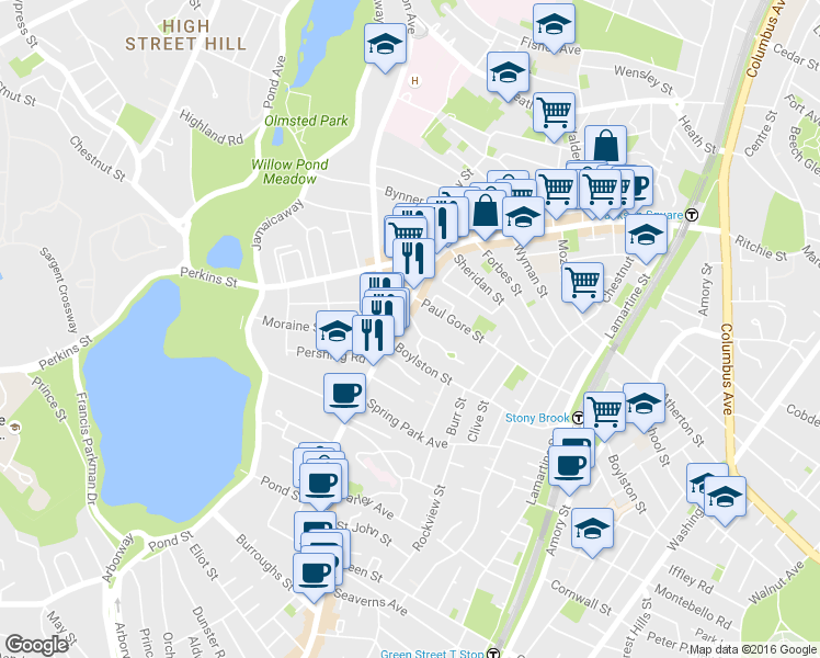 map of restaurants, bars, coffee shops, grocery stores, and more near 15 Oakview Terrace in Boston