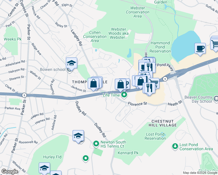 map of restaurants, bars, coffee shops, grocery stores, and more near 345 Boylston Street in Newton