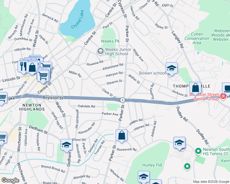 map of restaurants, bars, coffee shops, grocery stores, and more near 158 Clark Street in Newton