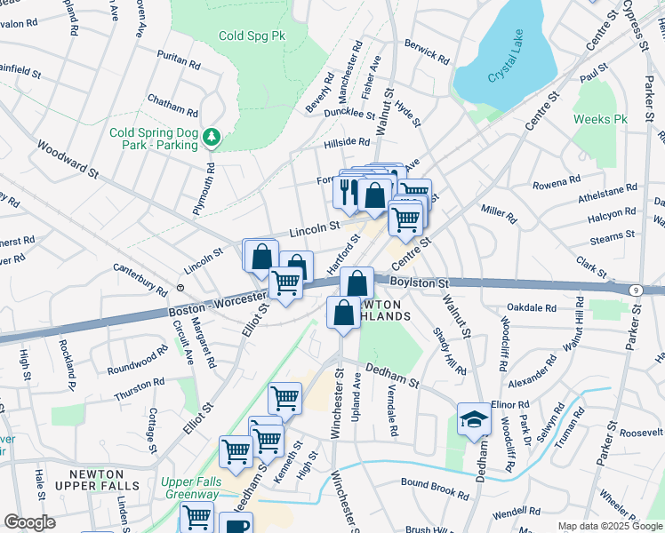 map of restaurants, bars, coffee shops, grocery stores, and more near 77 Hartford Street in Newton