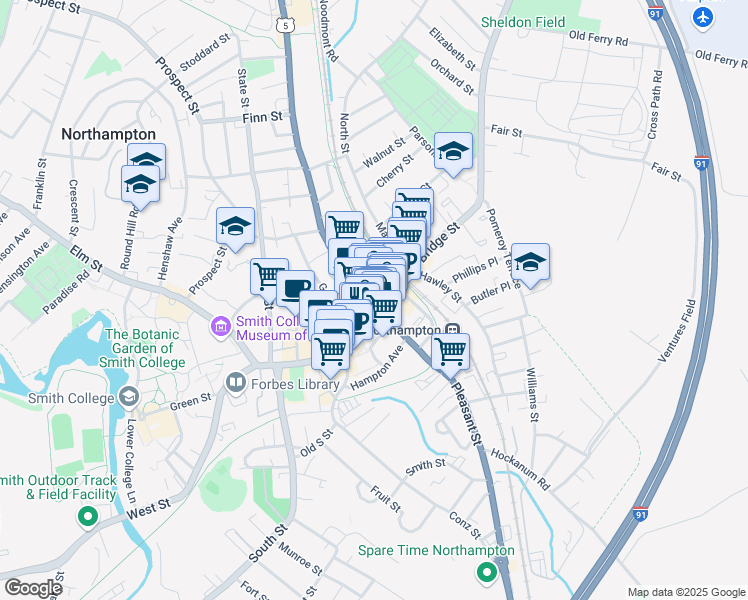 map of restaurants, bars, coffee shops, grocery stores, and more near 78 Massachusetts 9 in Northampton
