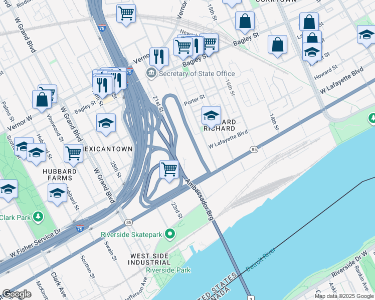 map of restaurants, bars, coffee shops, grocery stores, and more near 1017 21st St in Detroit