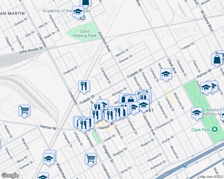 map of restaurants, bars, coffee shops, grocery stores, and more near 2221 Campbell Street in Detroit