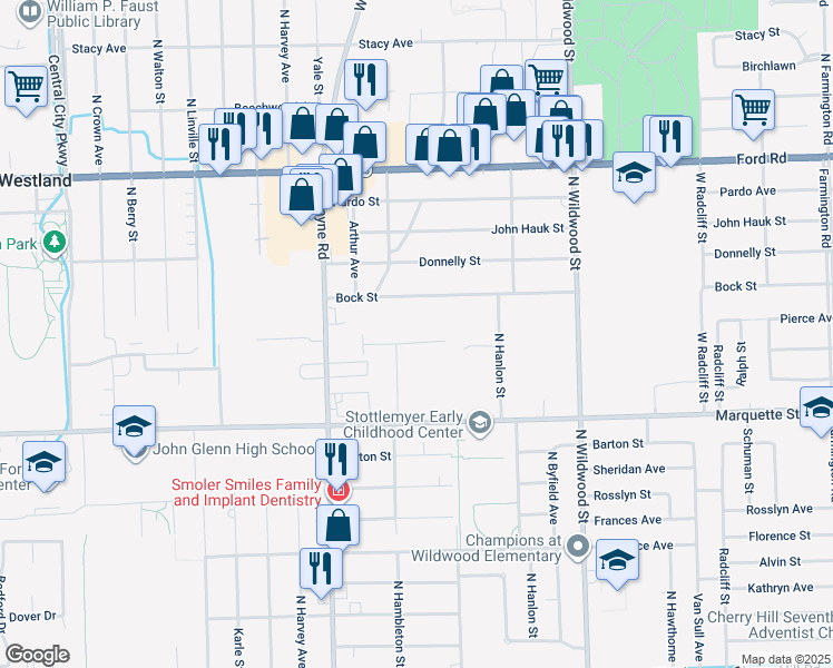 map of restaurants, bars, coffee shops, grocery stores, and more near 1354 Shoemaker Drive in Westland