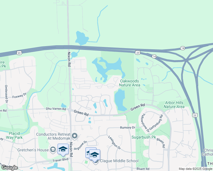 map of restaurants, bars, coffee shops, grocery stores, and more near 3032 Barclay Way in Ann Arbor