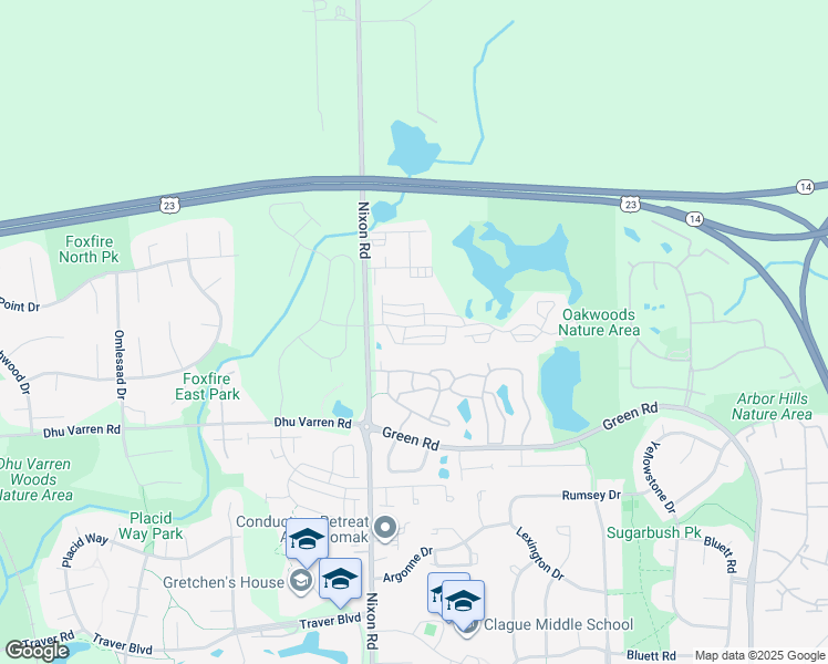 map of restaurants, bars, coffee shops, grocery stores, and more near 2810 Barclay Way in Ann Arbor