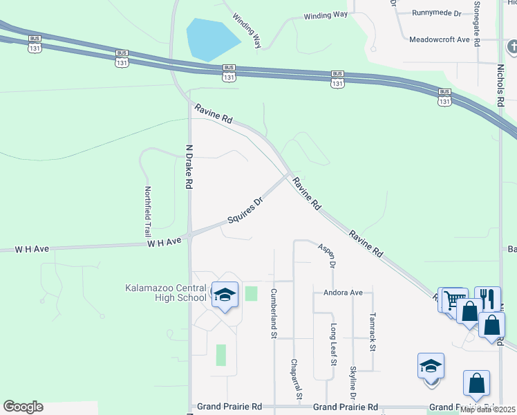 map of restaurants, bars, coffee shops, grocery stores, and more near 4425 Squires Drive in Kalamazoo