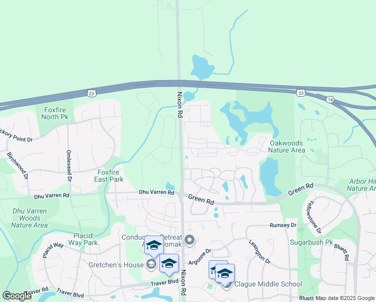 map of restaurants, bars, coffee shops, grocery stores, and more near 2710 Barclay Way in Ann Arbor