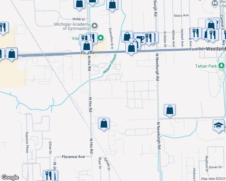 map of restaurants, bars, coffee shops, grocery stores, and more near 38134 Hixford Place in Westland