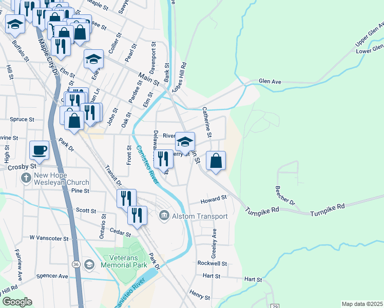 map of restaurants, bars, coffee shops, grocery stores, and more near 173 Terry Street in Hornell