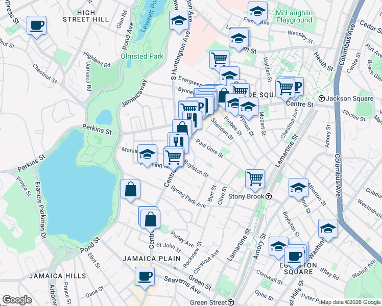 map of restaurants, bars, coffee shops, grocery stores, and more near 15 Oakview Terrace in Boston