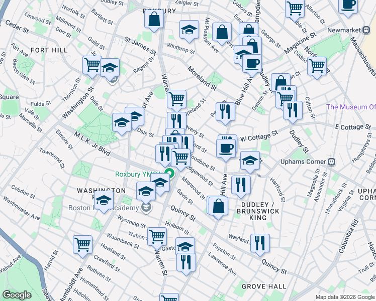 map of restaurants, bars, coffee shops, grocery stores, and more near 14 Woodbine Street in Boston