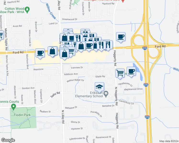 map of restaurants, bars, coffee shops, grocery stores, and more near 41638 Bedford Drive in Canton