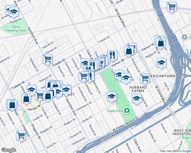 map of restaurants, bars, coffee shops, grocery stores, and more near 4601 Vernor Highway in Detroit