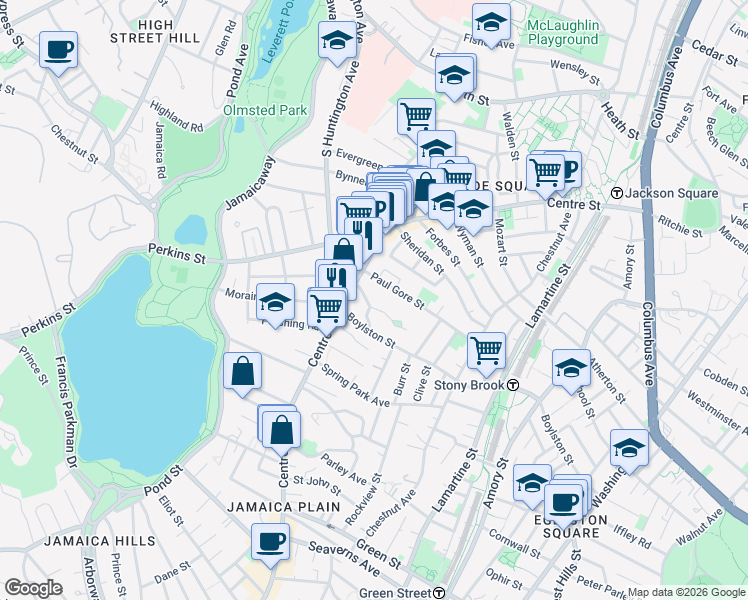 map of restaurants, bars, coffee shops, grocery stores, and more near 15 Oakview Terrace in Boston