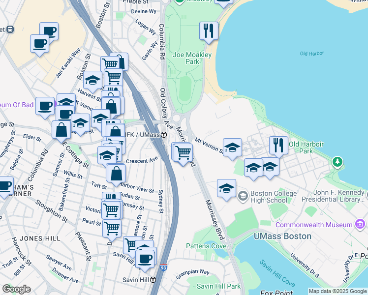 map of restaurants, bars, coffee shops, grocery stores, and more near 25 Morrissey Boulevard in Boston