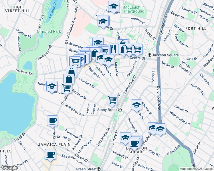 map of restaurants, bars, coffee shops, grocery stores, and more near 96 Sheridan Street in Boston