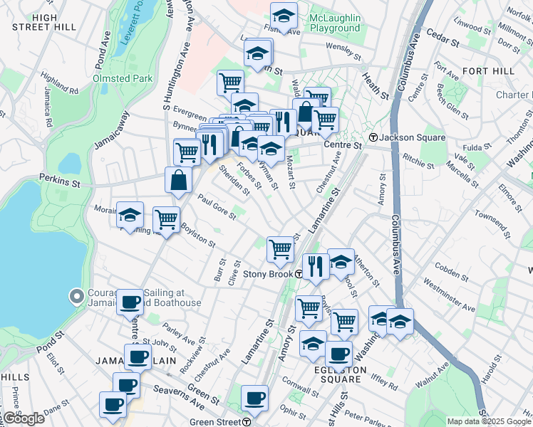 map of restaurants, bars, coffee shops, grocery stores, and more near 96 Sheridan Street in Boston