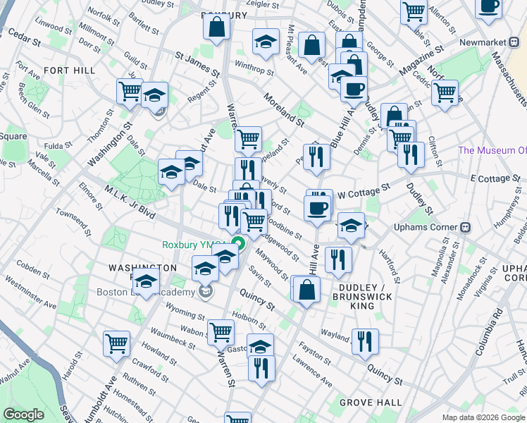 map of restaurants, bars, coffee shops, grocery stores, and more near 14 Woodbine Street in Boston