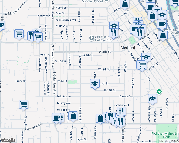 map of restaurants, bars, coffee shops, grocery stores, and more near 320 South Peach Street in Medford