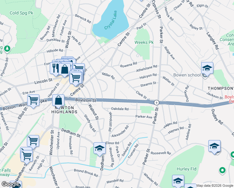 map of restaurants, bars, coffee shops, grocery stores, and more near 81 Cloverdale Road in Newton