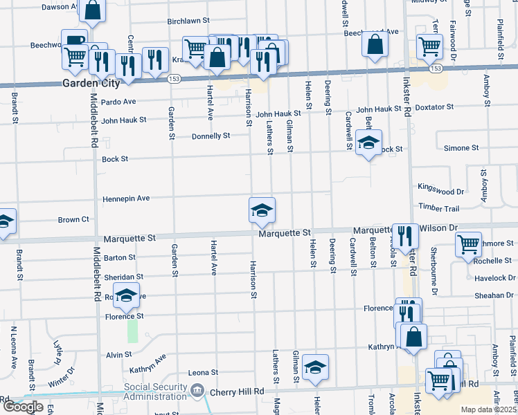 map of restaurants, bars, coffee shops, grocery stores, and more near 1162 Harrison Road in Garden City