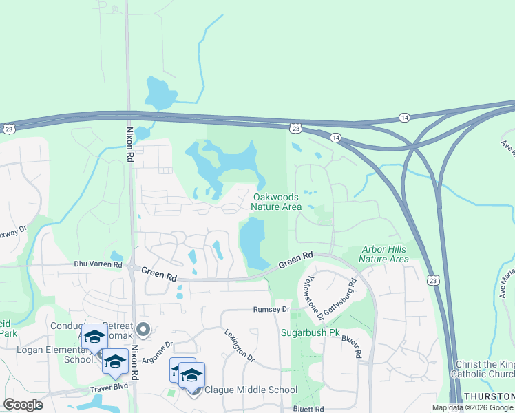 map of restaurants, bars, coffee shops, grocery stores, and more near 3056 Barclay Way in Ann Arbor