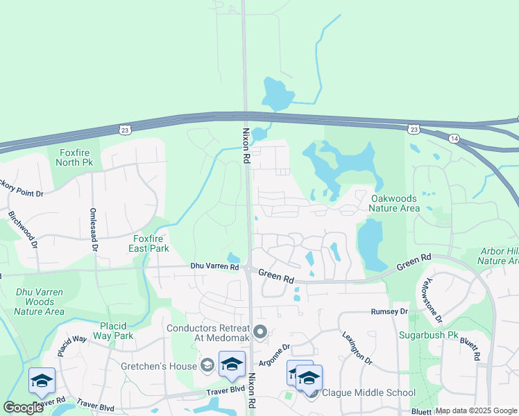 map of restaurants, bars, coffee shops, grocery stores, and more near 2738 Barclay Way in Ann Arbor