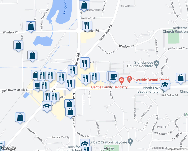 map of restaurants, bars, coffee shops, grocery stores, and more near 4140 Old Golf Road in Loves Park