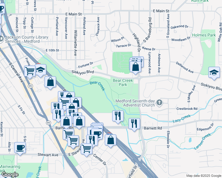 map of restaurants, bars, coffee shops, grocery stores, and more near Bear Creek Greenway in Medford