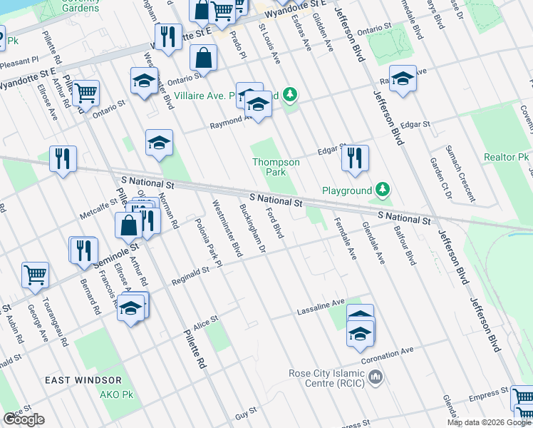 map of restaurants, bars, coffee shops, grocery stores, and more near 1527 Ford Boulevard in Windsor