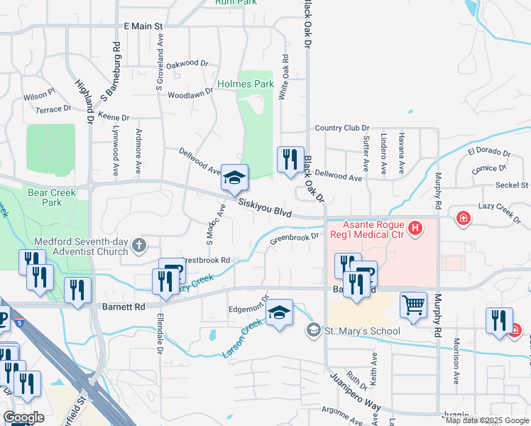 map of restaurants, bars, coffee shops, grocery stores, and more near 536 Amber Circle in Medford
