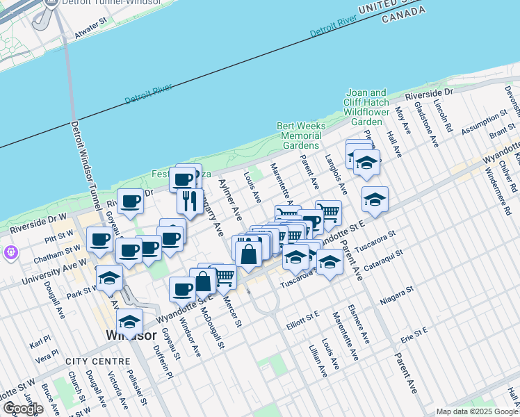 map of restaurants, bars, coffee shops, grocery stores, and more near in Windsor