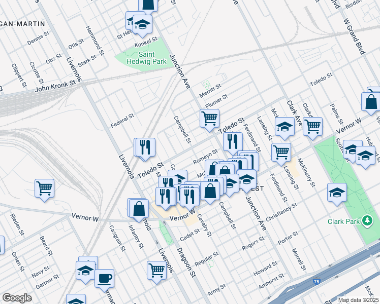 map of restaurants, bars, coffee shops, grocery stores, and more near 5807 Toledo Street in Detroit