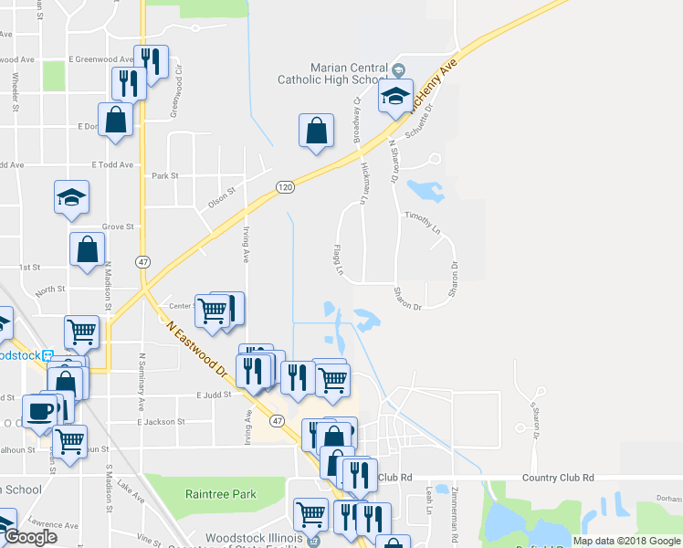 map of restaurants, bars, coffee shops, grocery stores, and more near 711 Flagg Lane in Woodstock