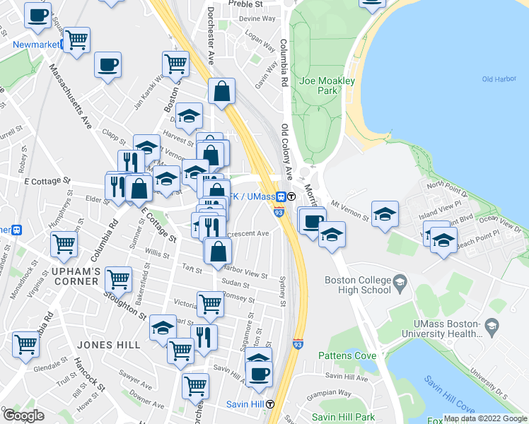 map of restaurants, bars, coffee shops, grocery stores, and more near 82 Crescent Avenue in Boston