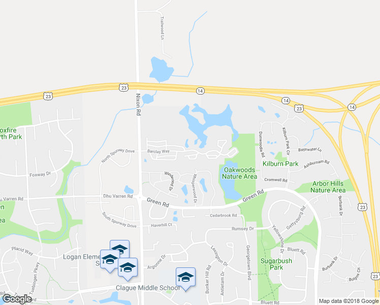 map of restaurants, bars, coffee shops, grocery stores, and more near 2926 Barclay Way in Ann Arbor