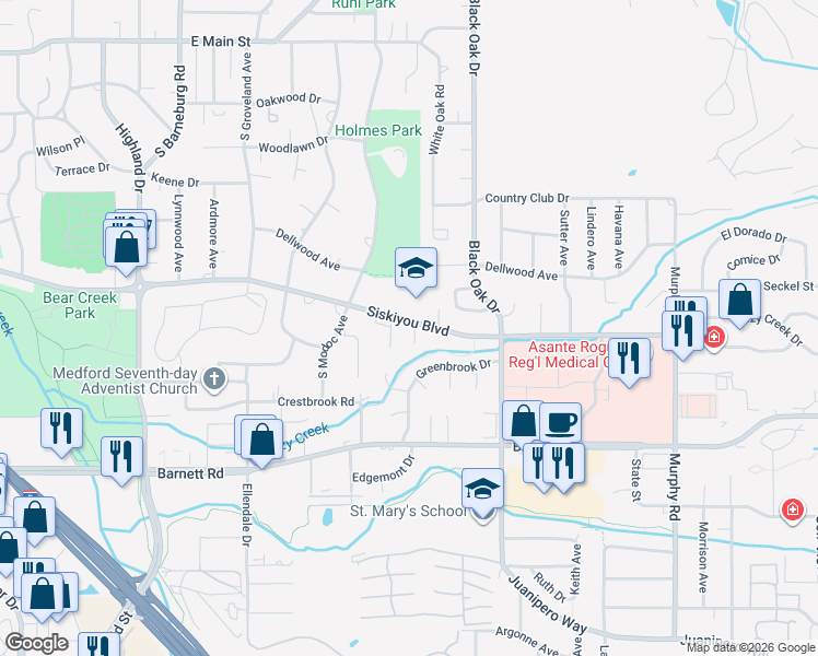 map of restaurants, bars, coffee shops, grocery stores, and more near 536 Amber Circle in Medford