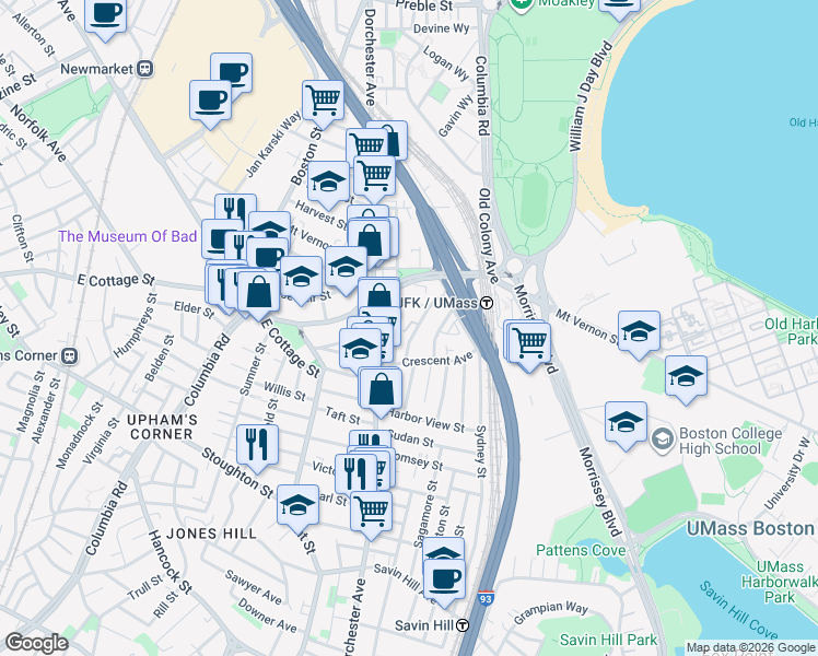 map of restaurants, bars, coffee shops, grocery stores, and more near 17 Moseley Street in Boston