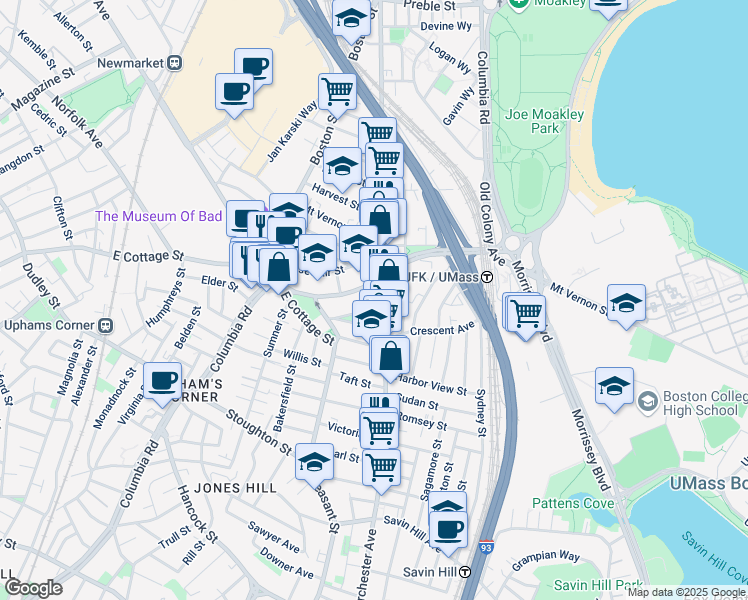 map of restaurants, bars, coffee shops, grocery stores, and more near 923 Dorchester Avenue in Boston
