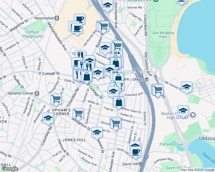 map of restaurants, bars, coffee shops, grocery stores, and more near 27 Edison Green in Boston