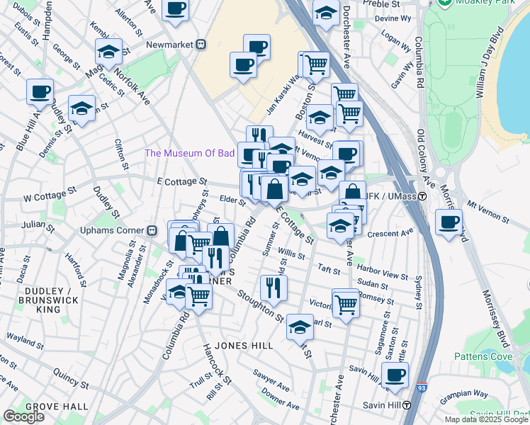 map of restaurants, bars, coffee shops, grocery stores, and more near 683 Columbia Road in Boston