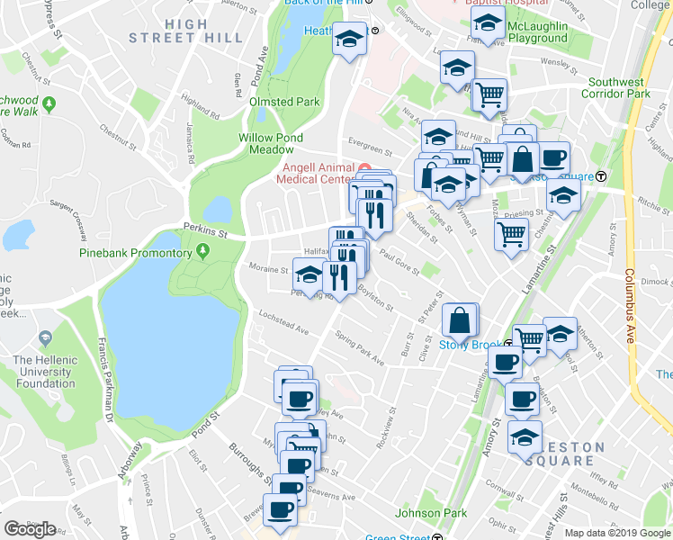 map of restaurants, bars, coffee shops, grocery stores, and more near 463 Centre Street in Boston