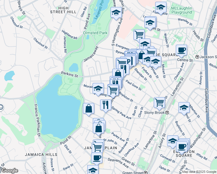 map of restaurants, bars, coffee shops, grocery stores, and more near 30 Moraine Street in Boston