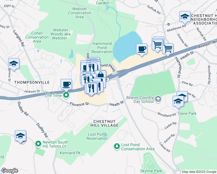 map of restaurants, bars, coffee shops, grocery stores, and more near 160 Boylston Street in Newton