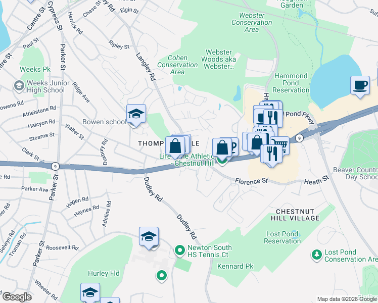 map of restaurants, bars, coffee shops, grocery stores, and more near 345 Boylston Street in Newton