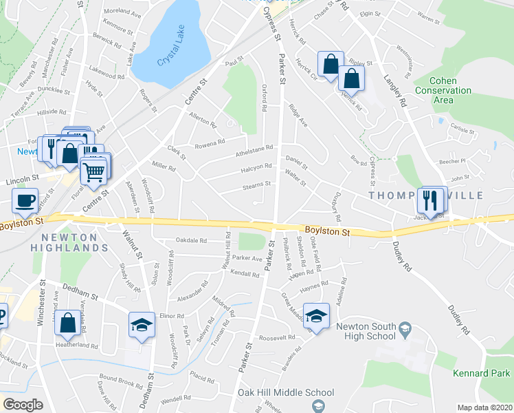map of restaurants, bars, coffee shops, grocery stores, and more near 158 Clark Street in Newton