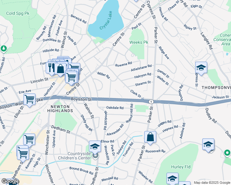 map of restaurants, bars, coffee shops, grocery stores, and more near 701 Boylston Street in Newton