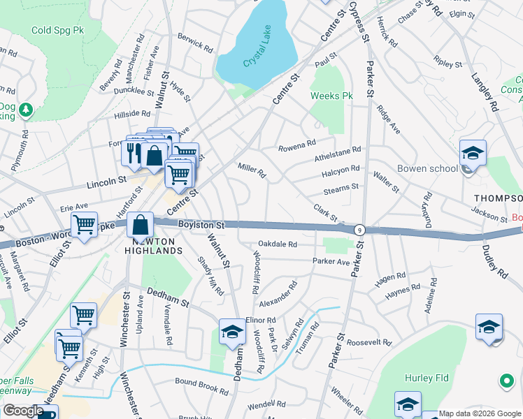 map of restaurants, bars, coffee shops, grocery stores, and more near 81 Cloverdale Road in Newton
